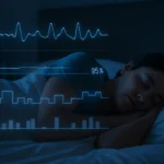 Obstruktive Schlafapnoe und moderne Schlafdiagnostik - Schlafende Person in Seitenlage, digitale Atemkurven und Sauerstoffwerte als Overlay